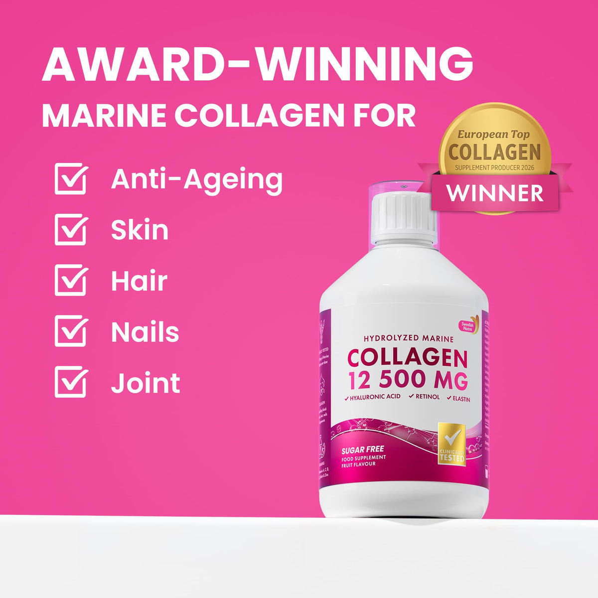 Ingrédients actifs du collagène marin Swedish Nutra sur fond blanc