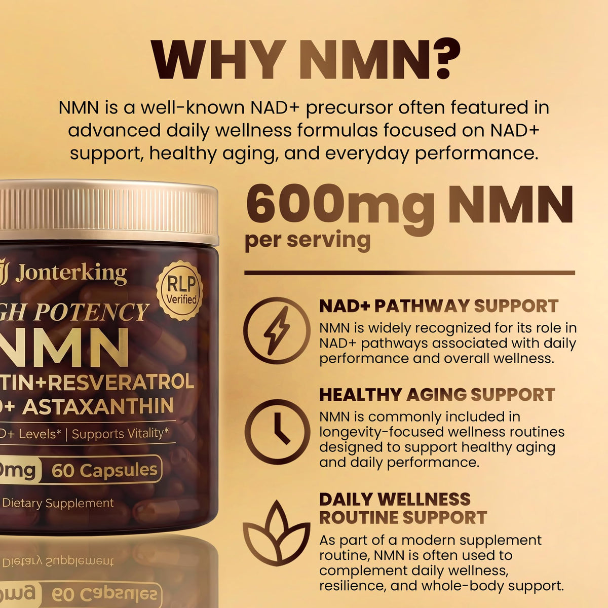 Ingrédients actifs du JonterKing NMN 1200mg sur une table
