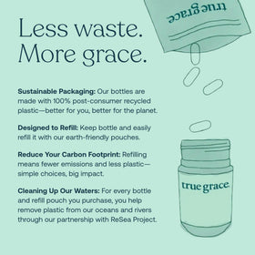 Ingrédients clés des comprimés prénatals True Grace sur une table