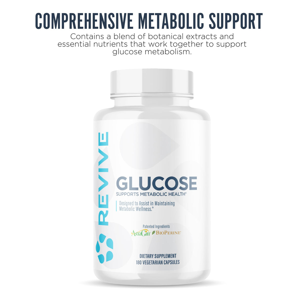 Ingrédients clés du complément Glucose Revive, capsules et étiquette