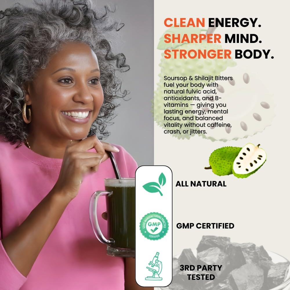 Ingrédients d'Essence Herbs Bitters Liquide Soursop sur fond blanc