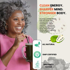 Ingrédients d'Essence Herbs Bitters Liquide Soursop sur fond blanc