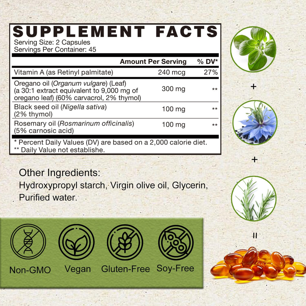 Ingrédients d'huile d'origan VEGEPOWER sur une table