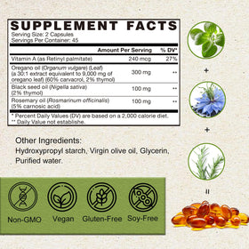 Ingrédients d'huile d'origan VEGEPOWER sur une table