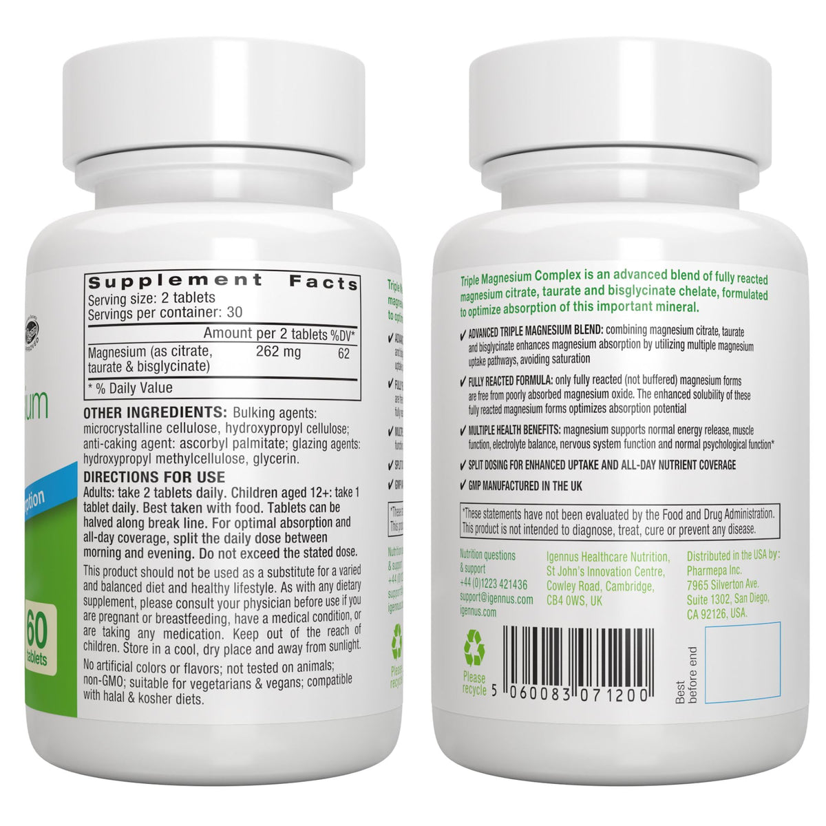 Ingrédients d'Igennus Triple Magnesium Complex sur l'emballage