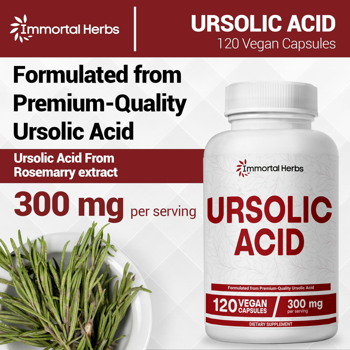 Ingrédients d'Immortal Herbs Acide Ursolique 300mg sur fond blanc