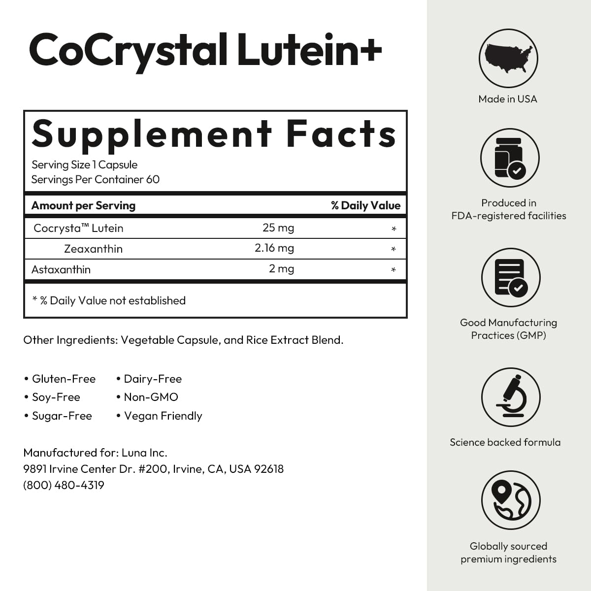 Ingrédients de BIGVITA CoCrystal Lutein + sur l'emballage