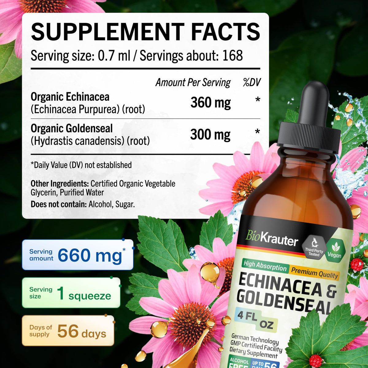 Ingrédients de BIO KRAUTER Echinacea Goldenseal sur l'étiquette