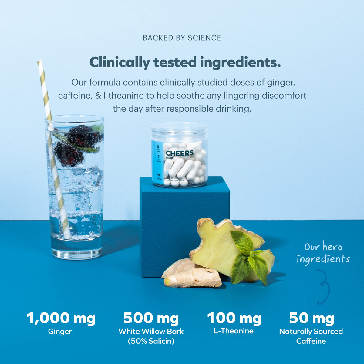 Ingrédients de Cheers Relief en gros plan, gingembre et écorses