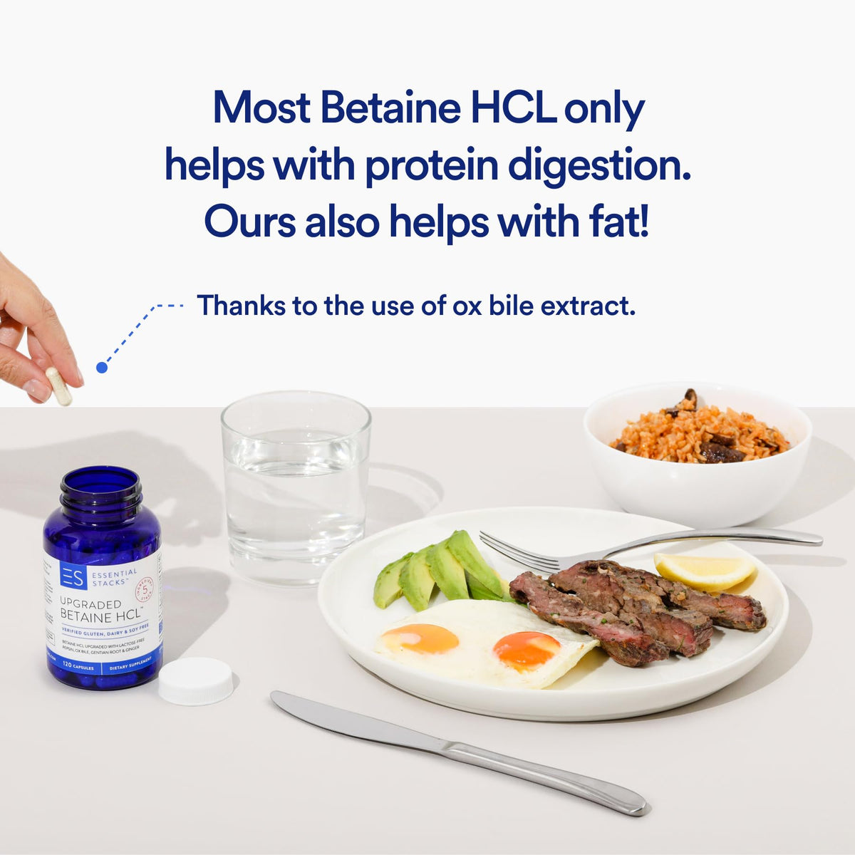 Ingrédients de Essential Stacks Betaine HCL 118g - Bile de Bœuf et Gingembre