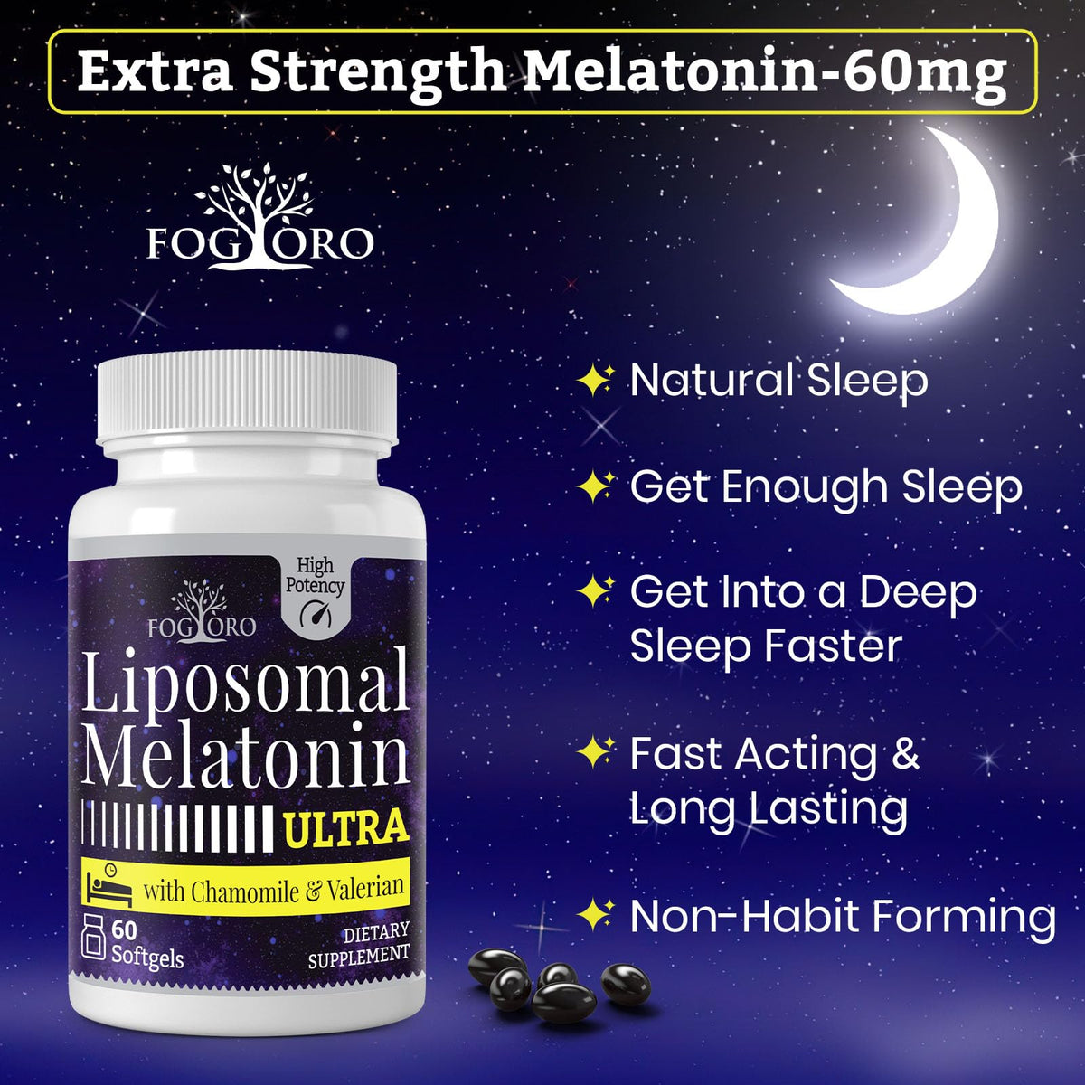 Ingrédients de Fogoro Mélatonine 60mg, incluant camomille et valériane