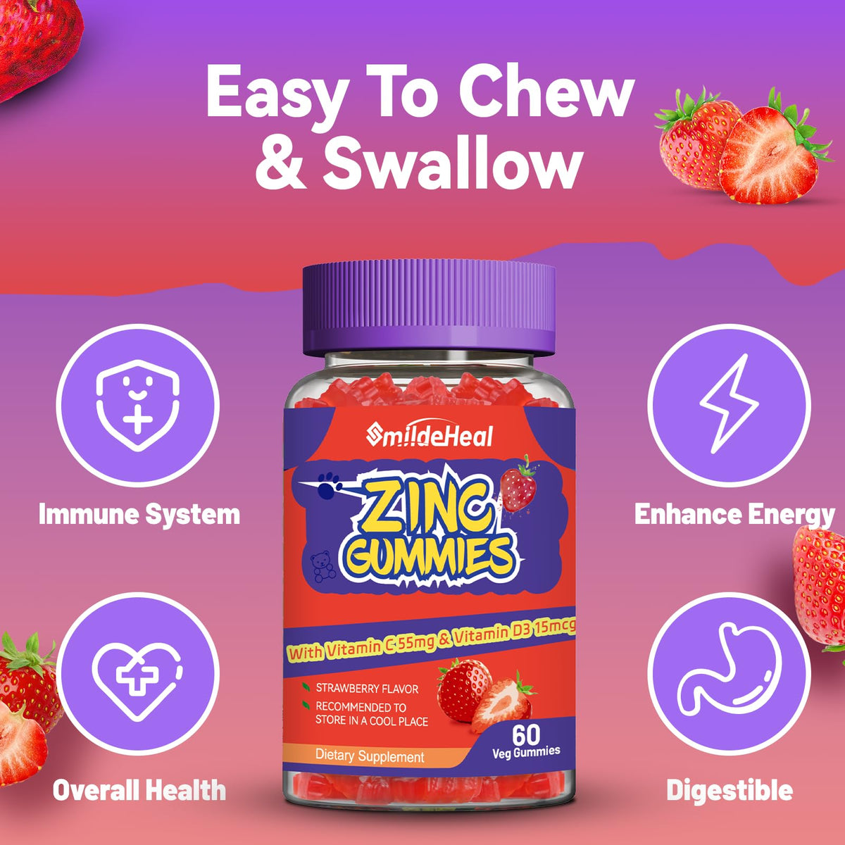 Ingrédients de Gummies de Zinc SmildeHeal sur fond blanc