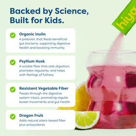 Ingrédients de HIYA Kids Daily Fiber+ sur fond blanc