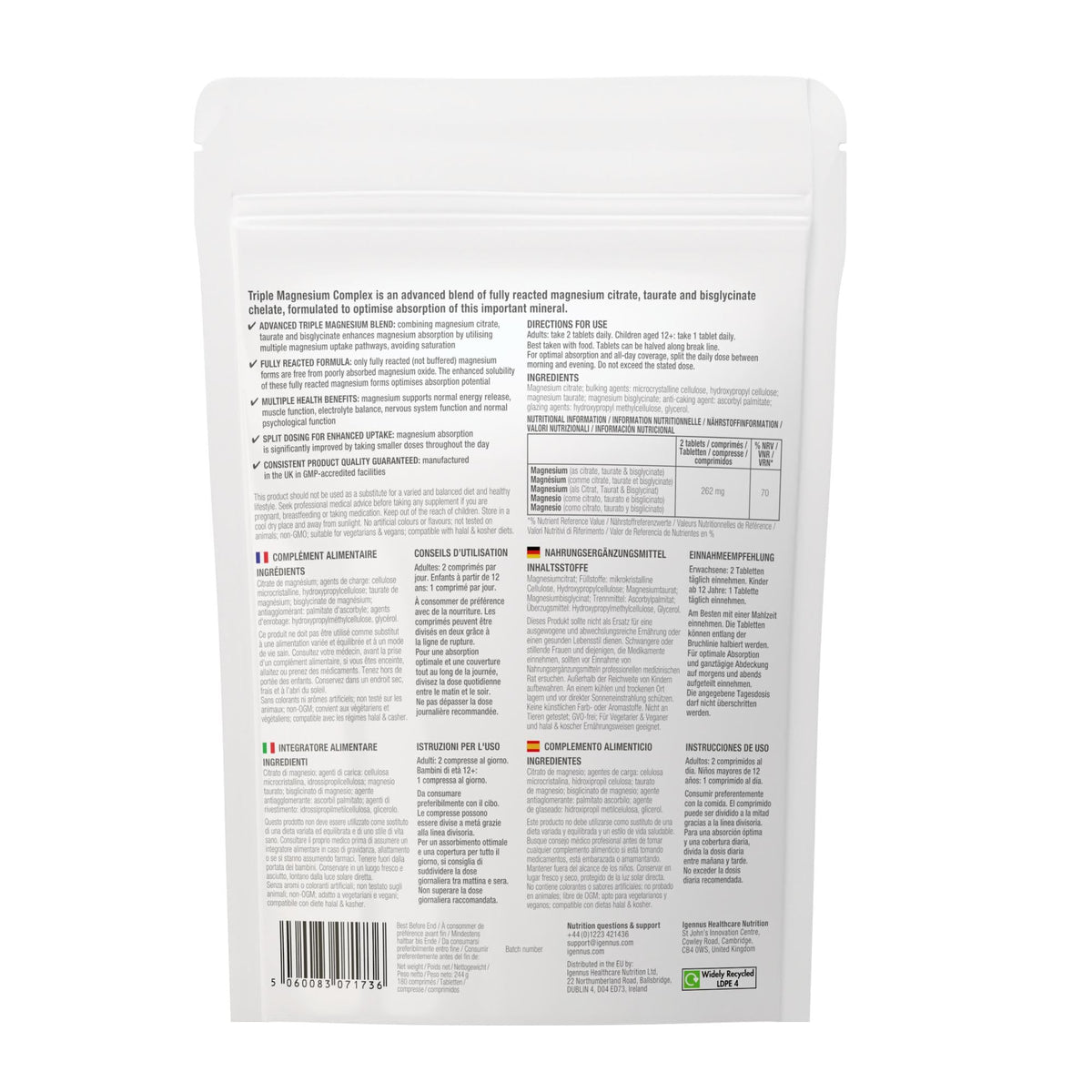 Ingrédients de Igennus Triple Magnesium Complex sur l'emballage