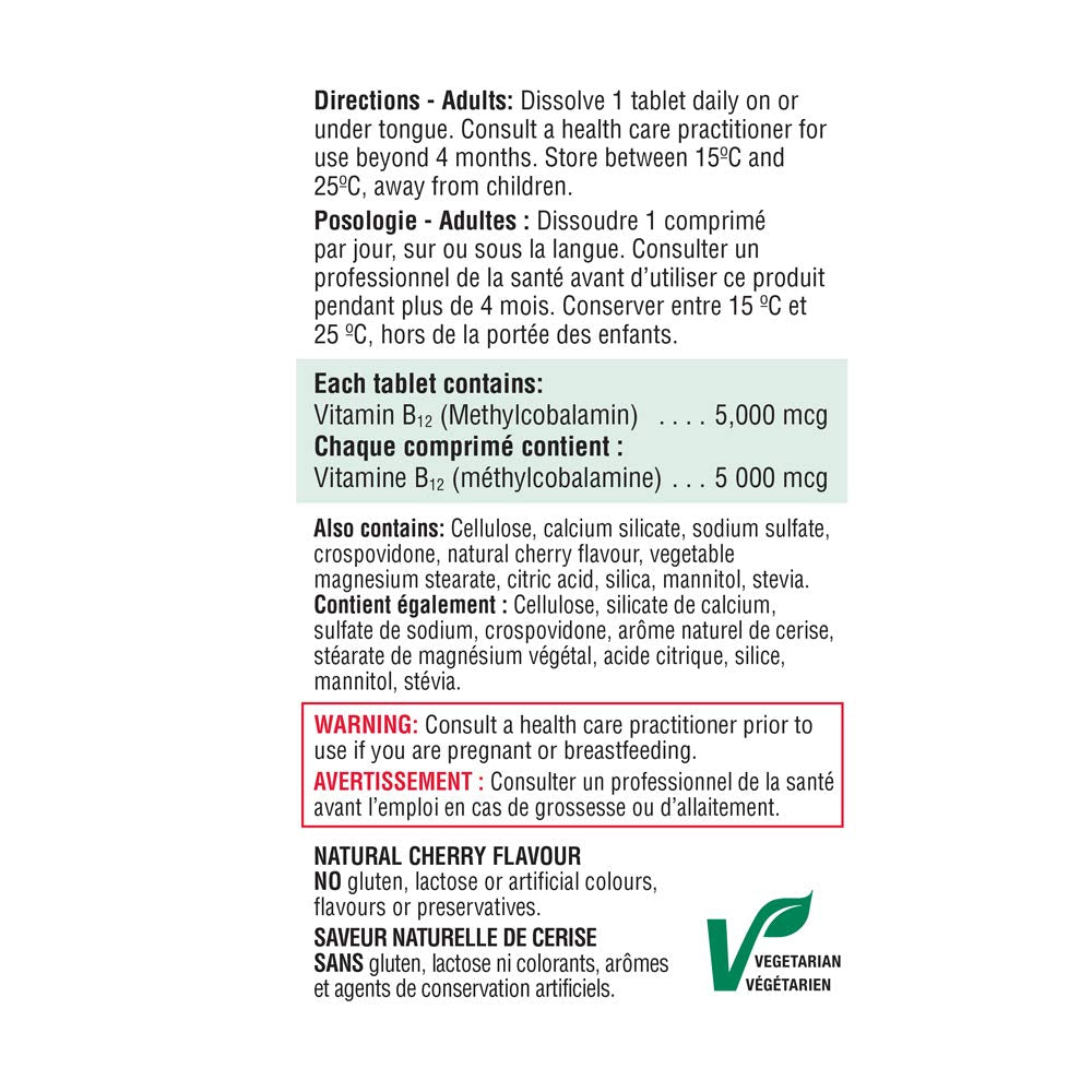 Ingrédients de Jamieson Vitamine B12 5000 mcg sur l'étiquette