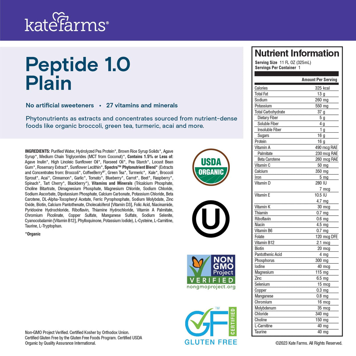 Ingrédients de Kate Farms Peptide 1.0 sur l'emballage