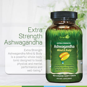 Ingrédients de l'Ashwagandha Irwin Naturals sur fond neutre