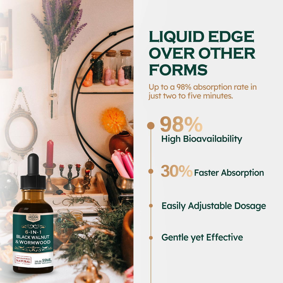 Ingrédients de l'extrait de Noix Noire et Absinthe ORGANIHERBENCE sur une table