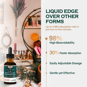 Ingrédients de l'extrait de Noix Noire et Absinthe ORGANIHERBENCE sur une table