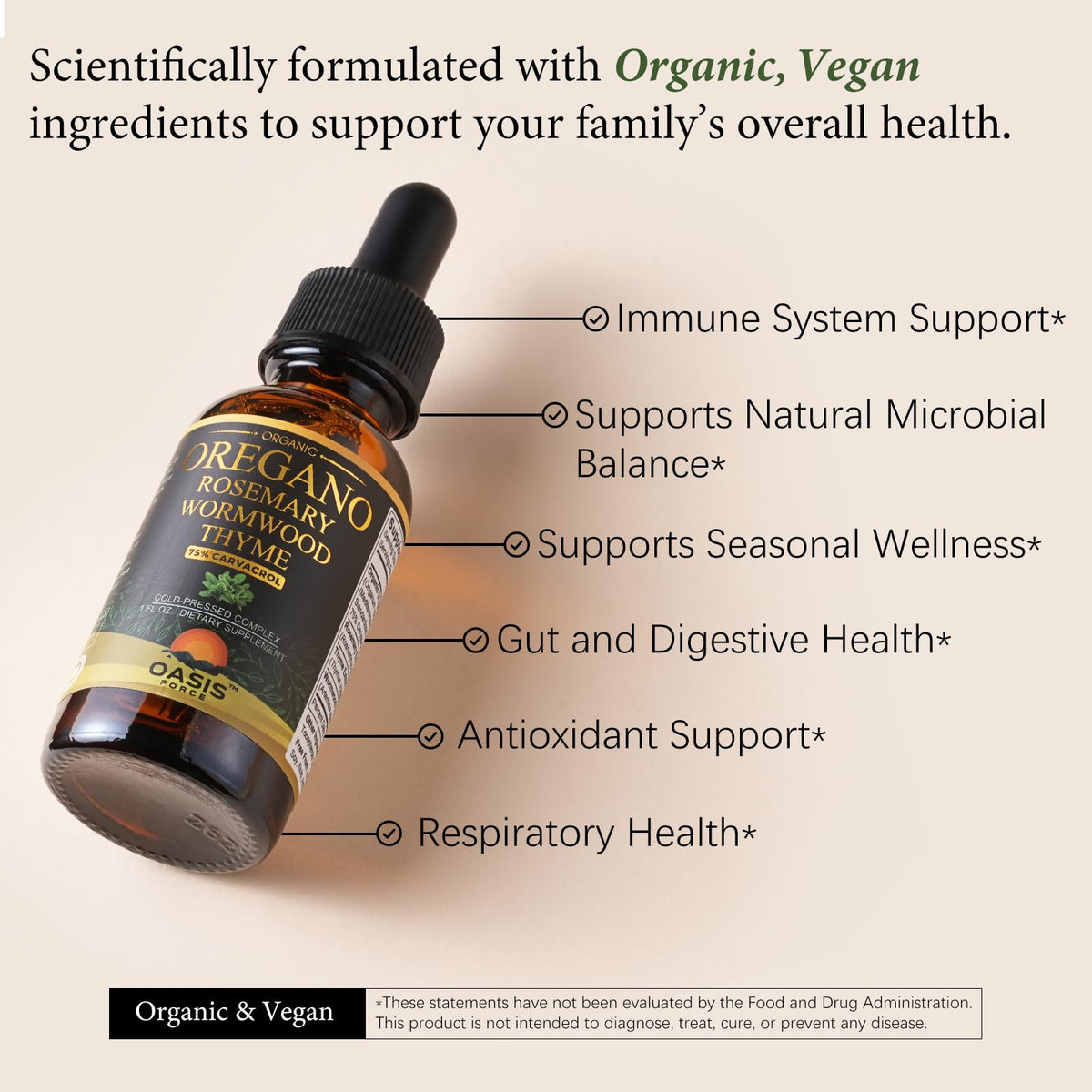 Ingrédients de l'huile d'origan bio OASIS FORCE sur une table