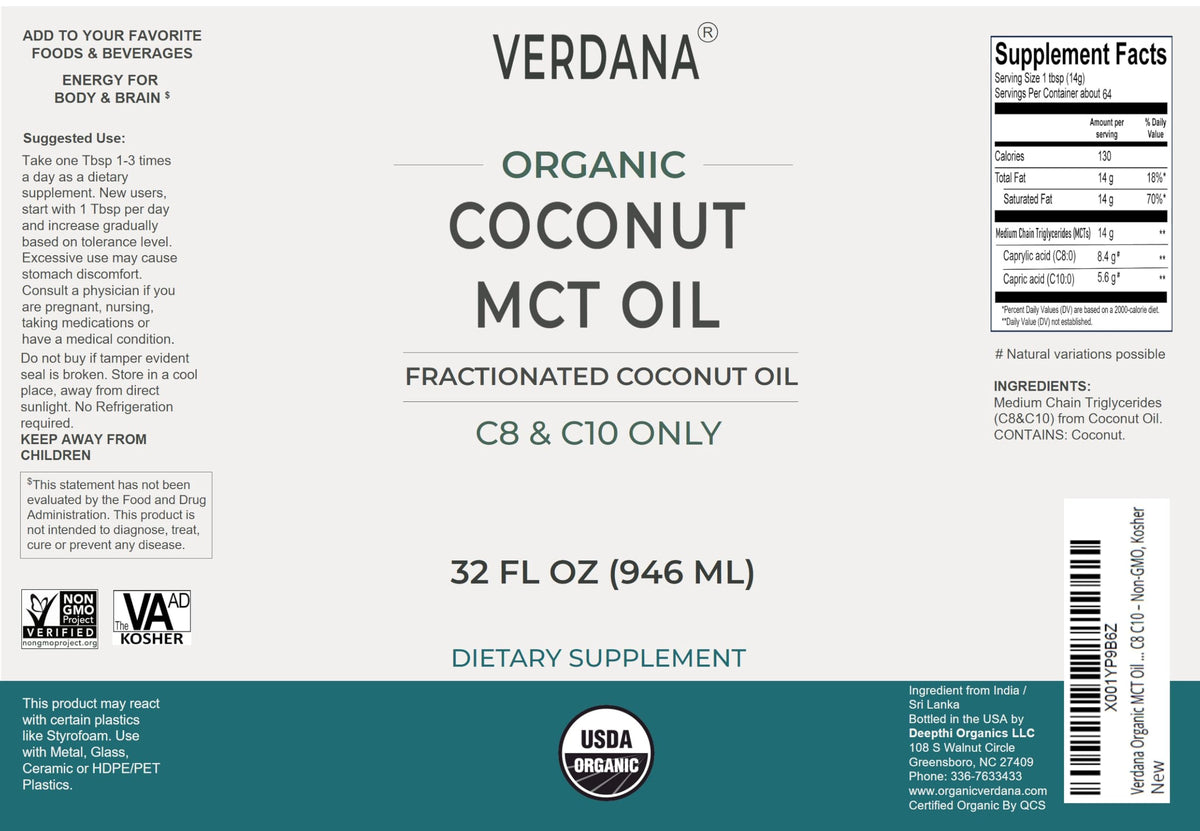 Ingrédients de l'huile de noix de coco MCT Verdana sur une table