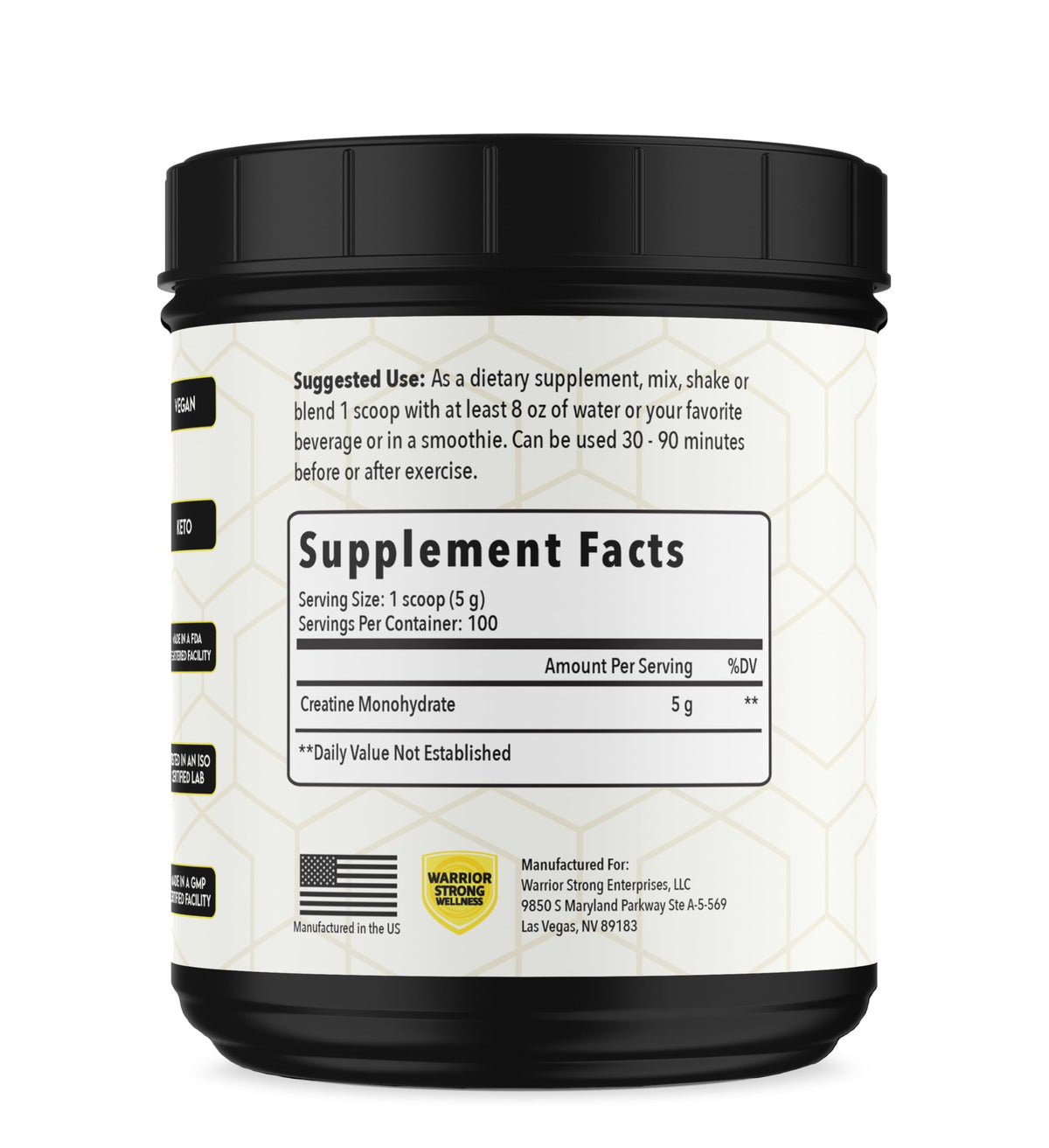 Ingrédients de la créatine monohydrate Warrior Strong Wellness, sans additifs