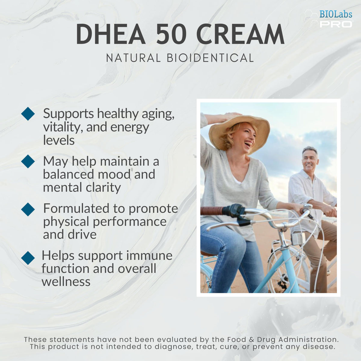 Ingrédients de la crème DHEA 50mg BIOLABS PRO sur fond neutre