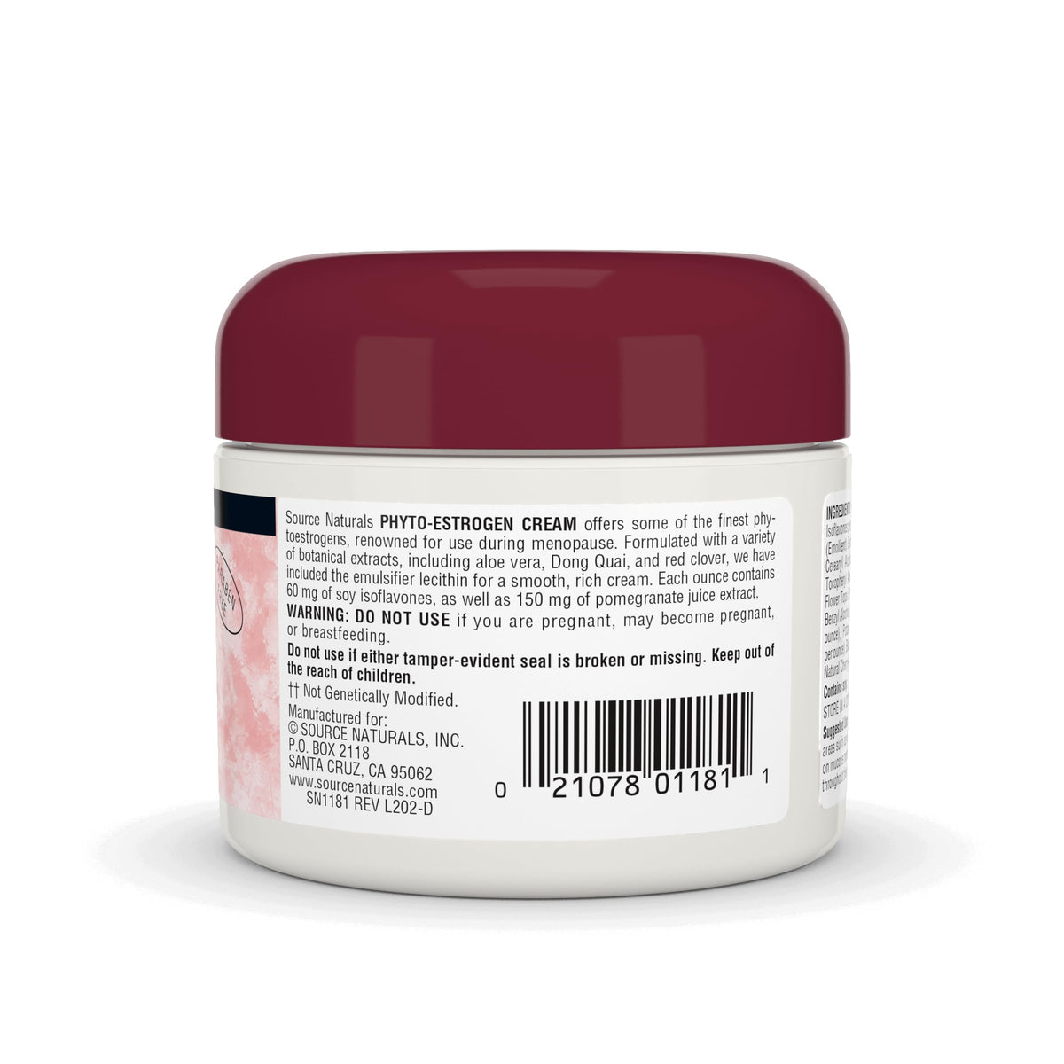 Ingrédients de la crème phyto-estrogène Source Naturals sur l'emballage