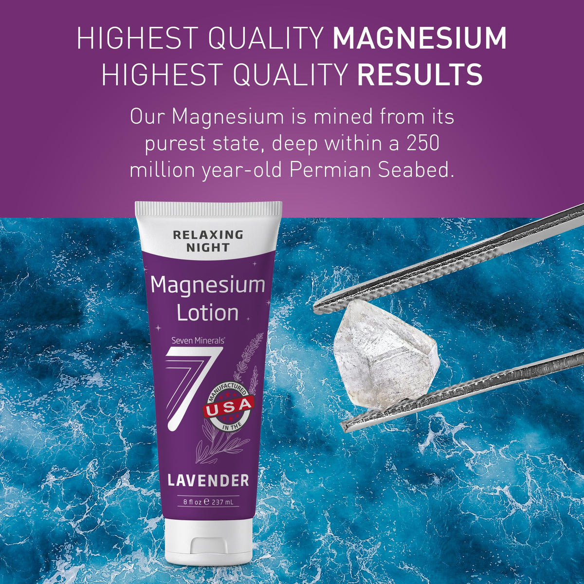 Ingrédients de la lotion au magnésium Seven Minerals sur une table