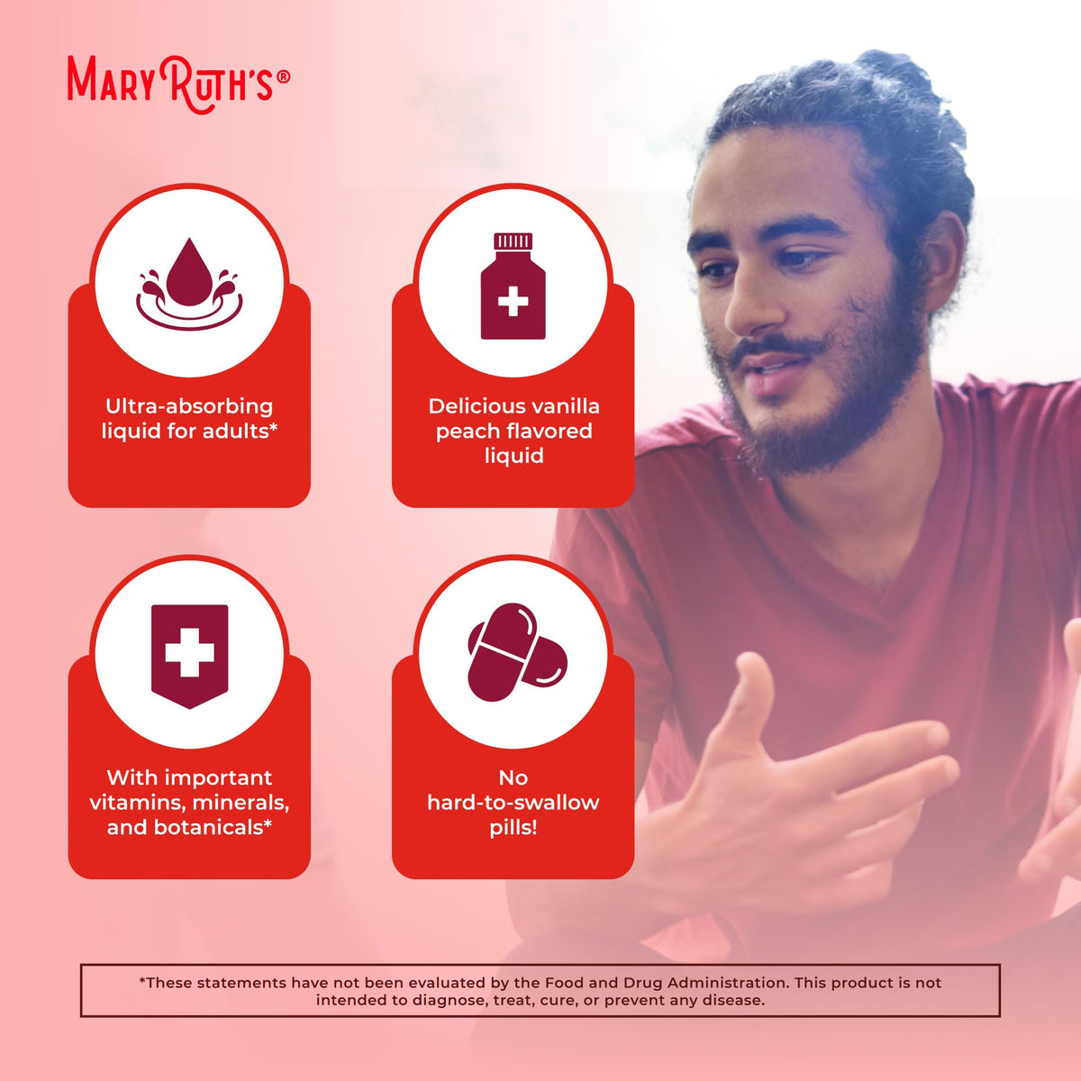 Ingrédients de la multivitamine liposomale MARYRUTH'S sur une table