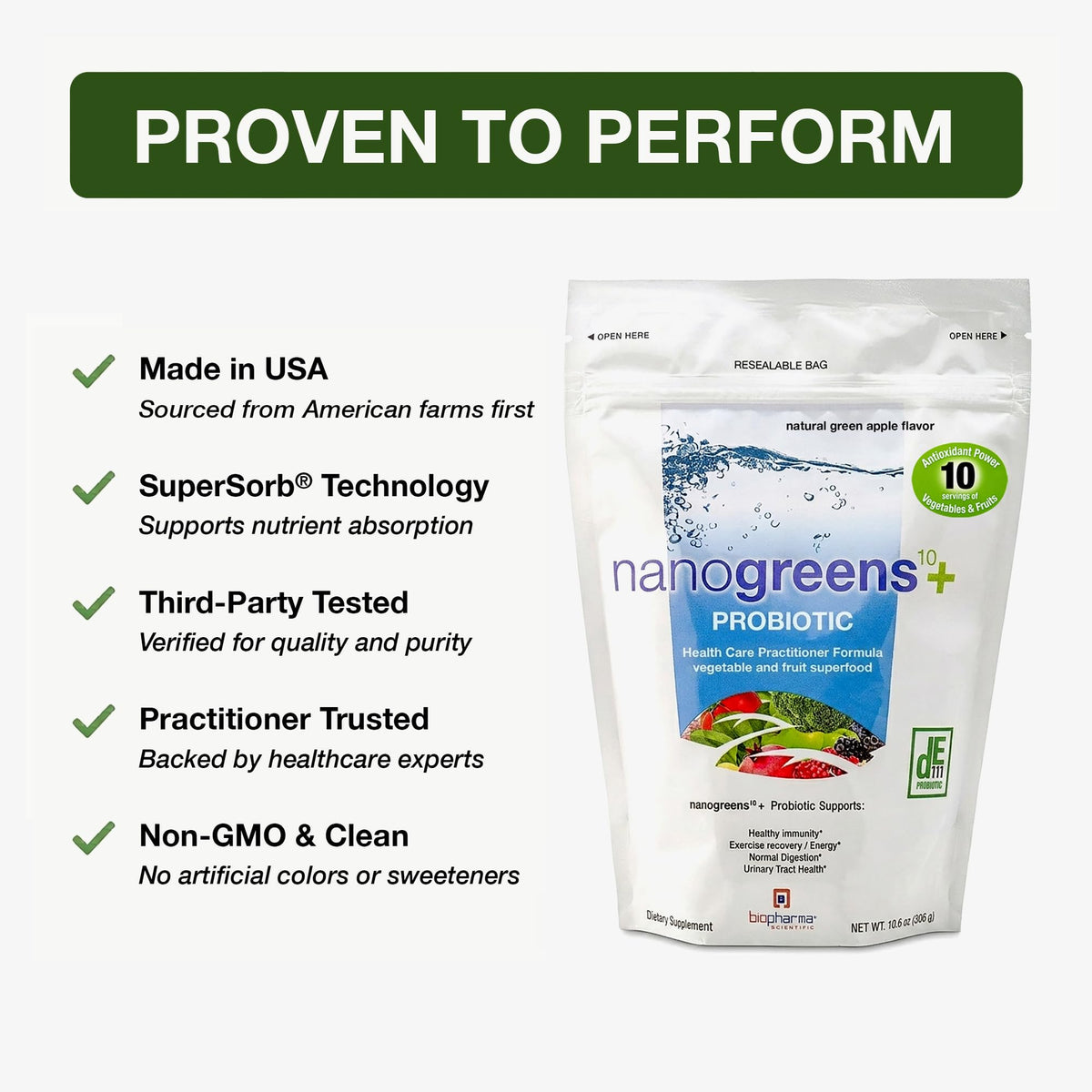 Ingrédients de la poudre Biopharma Scientific NanoGreens
