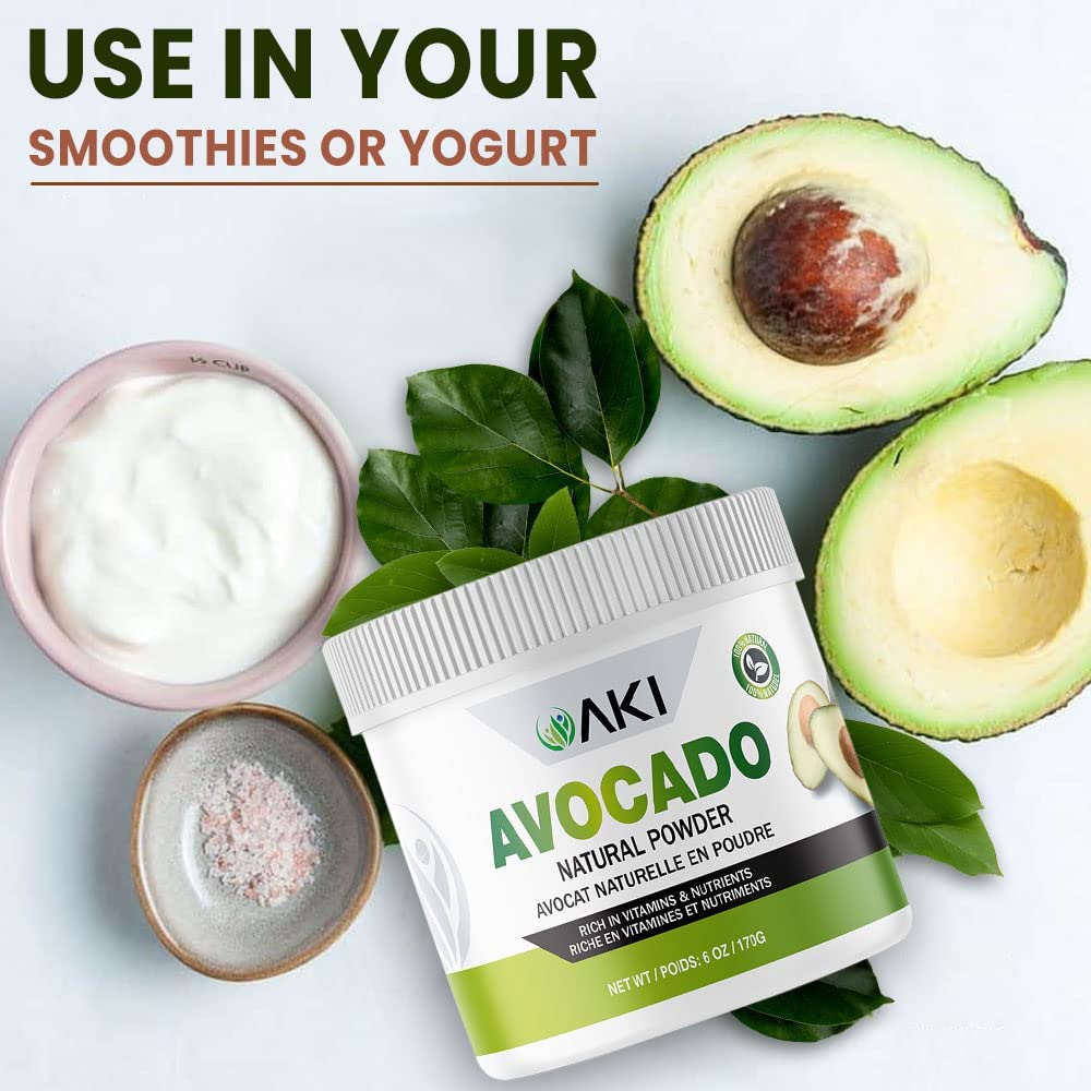 Ingrédients de la poudre d'avocat AKI ORGANIC sur une table