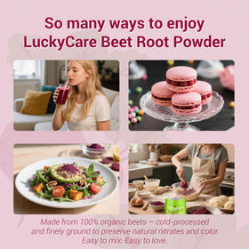 Ingrédients de la poudre de betterave bio Luckycare affichés