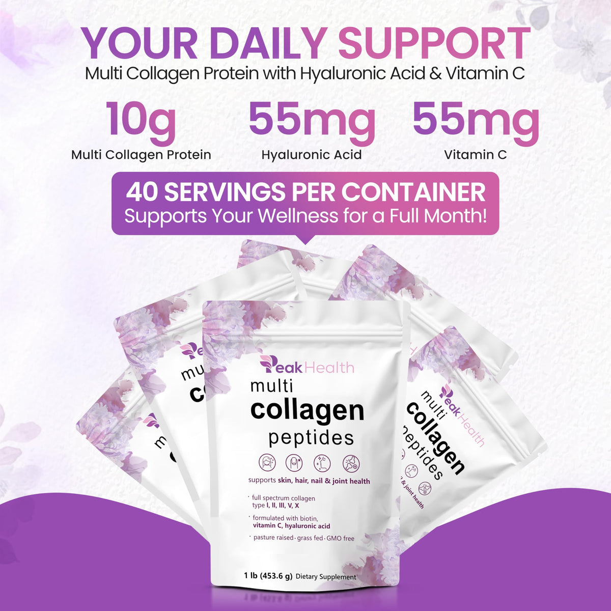 Ingrédients de la poudre de collagène Peakhealth sur l'emballage