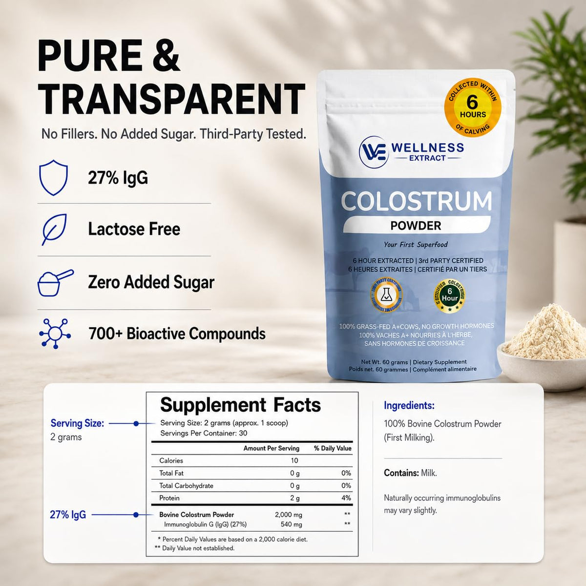 Ingrédients de la poudre de colostrum bovin WELLNESS EXTRACT
