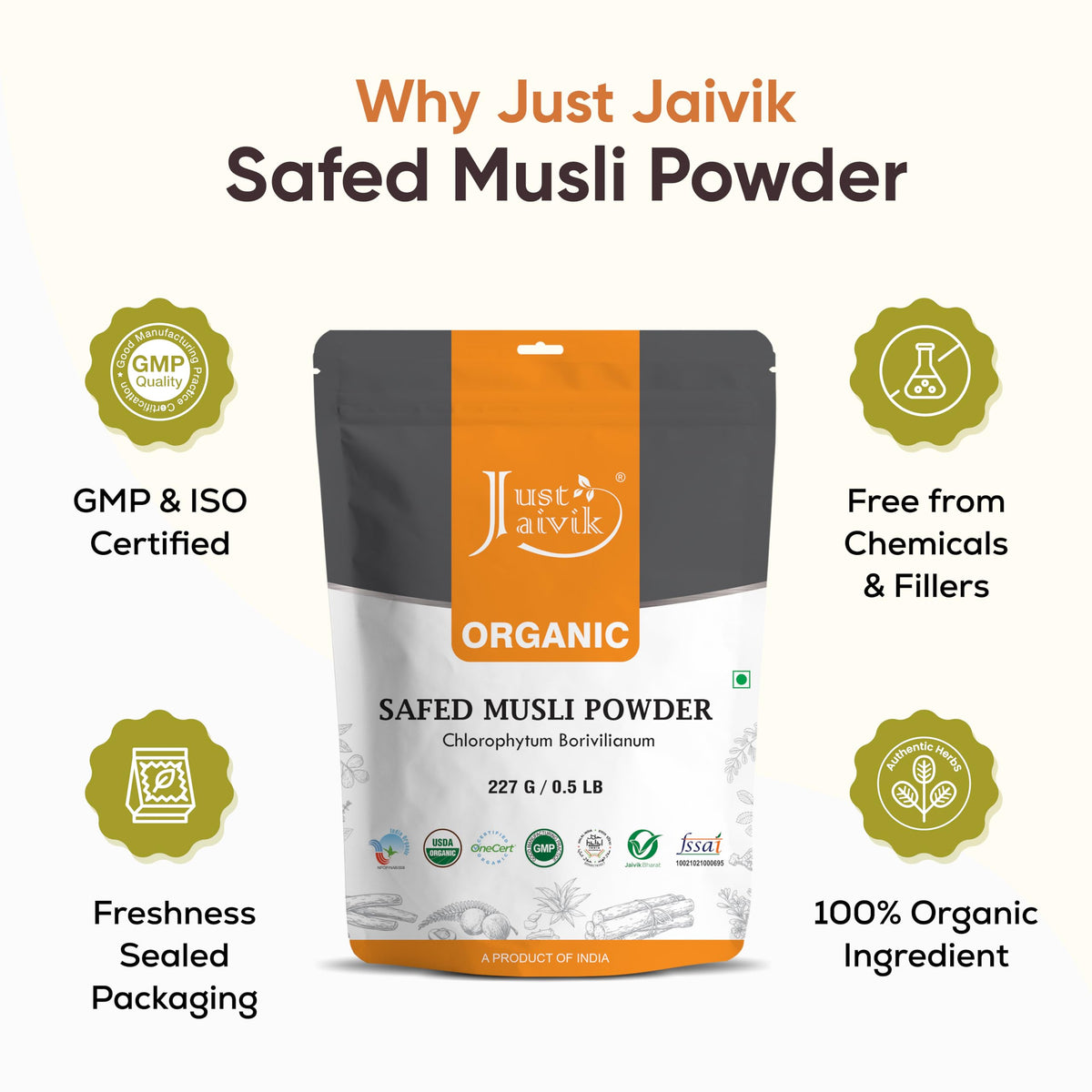 Ingrédients de la poudre de Safed Musli Bio Just Jaivik