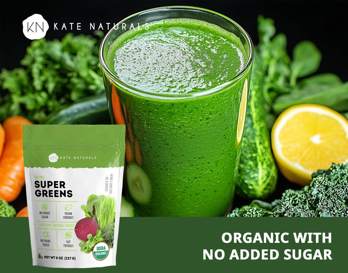 Ingrédients de la Poudre de Super Greens Bio Kate Naturals, légumes bio
