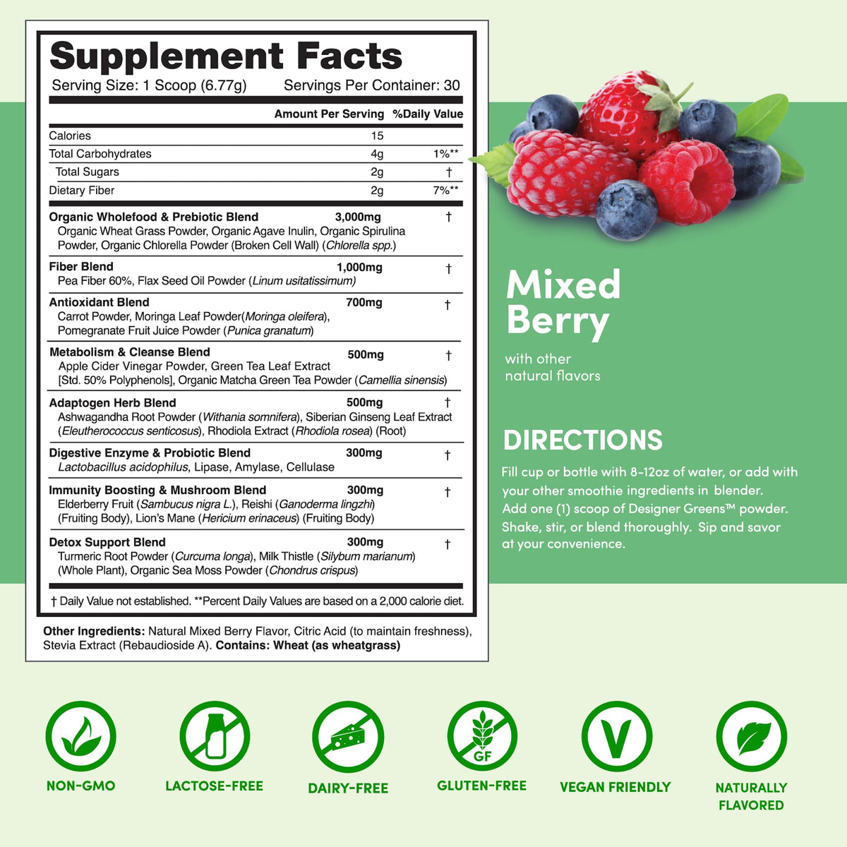 Ingrédients de la poudre de superfood Mix Berry, affichés sur l'emballage
