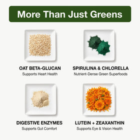 Ingrédients de la poudre de superfood NanoGreens sur une table