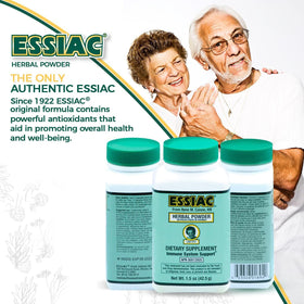Ingrédients de la Poudre de Thé Herbal Essiac étalés sur une surface en bois