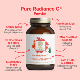 Ingrédients de la poudre de vitamine C bio PURE SYNERGY sur une table