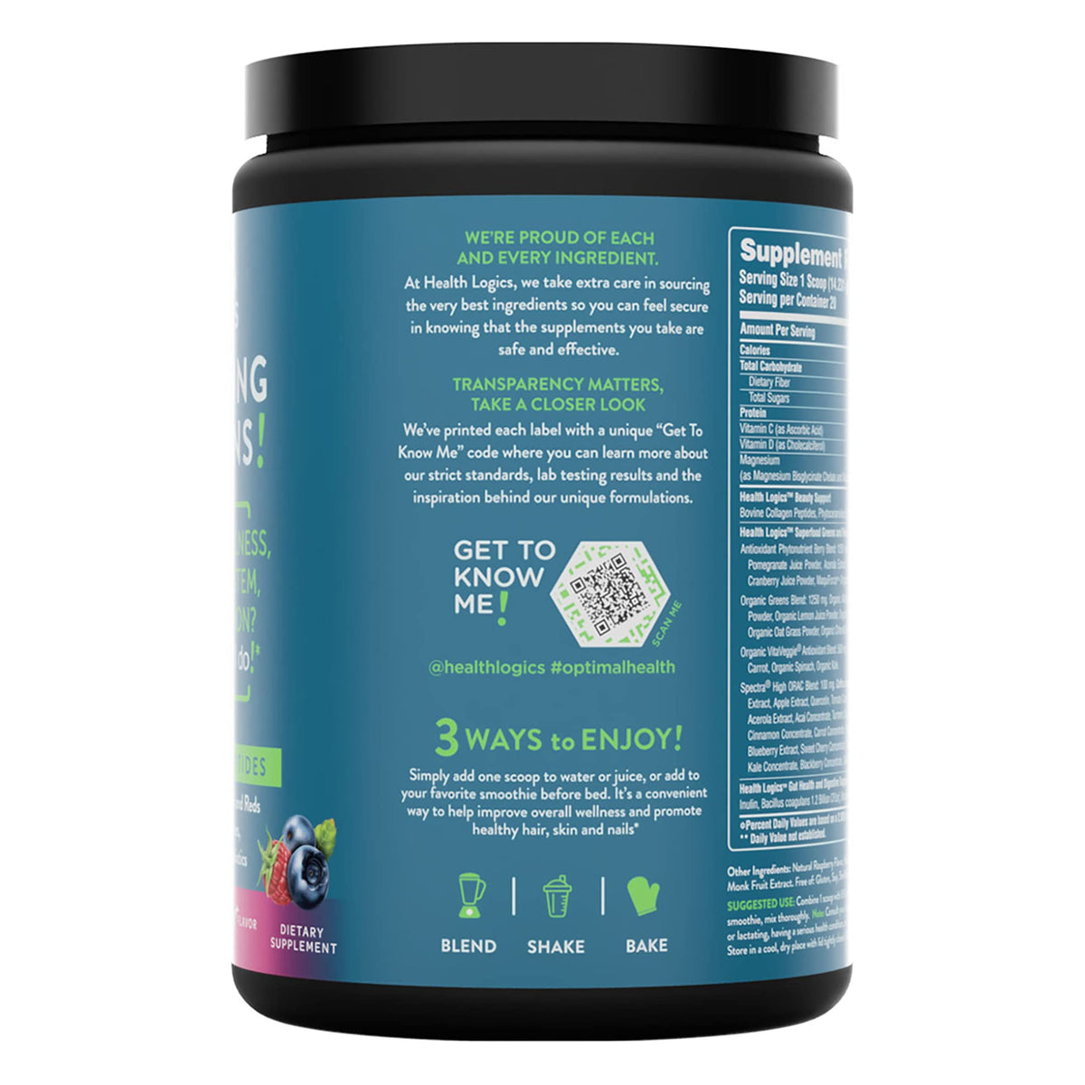 Ingrédients de la poudre Glowing Greens sur une table