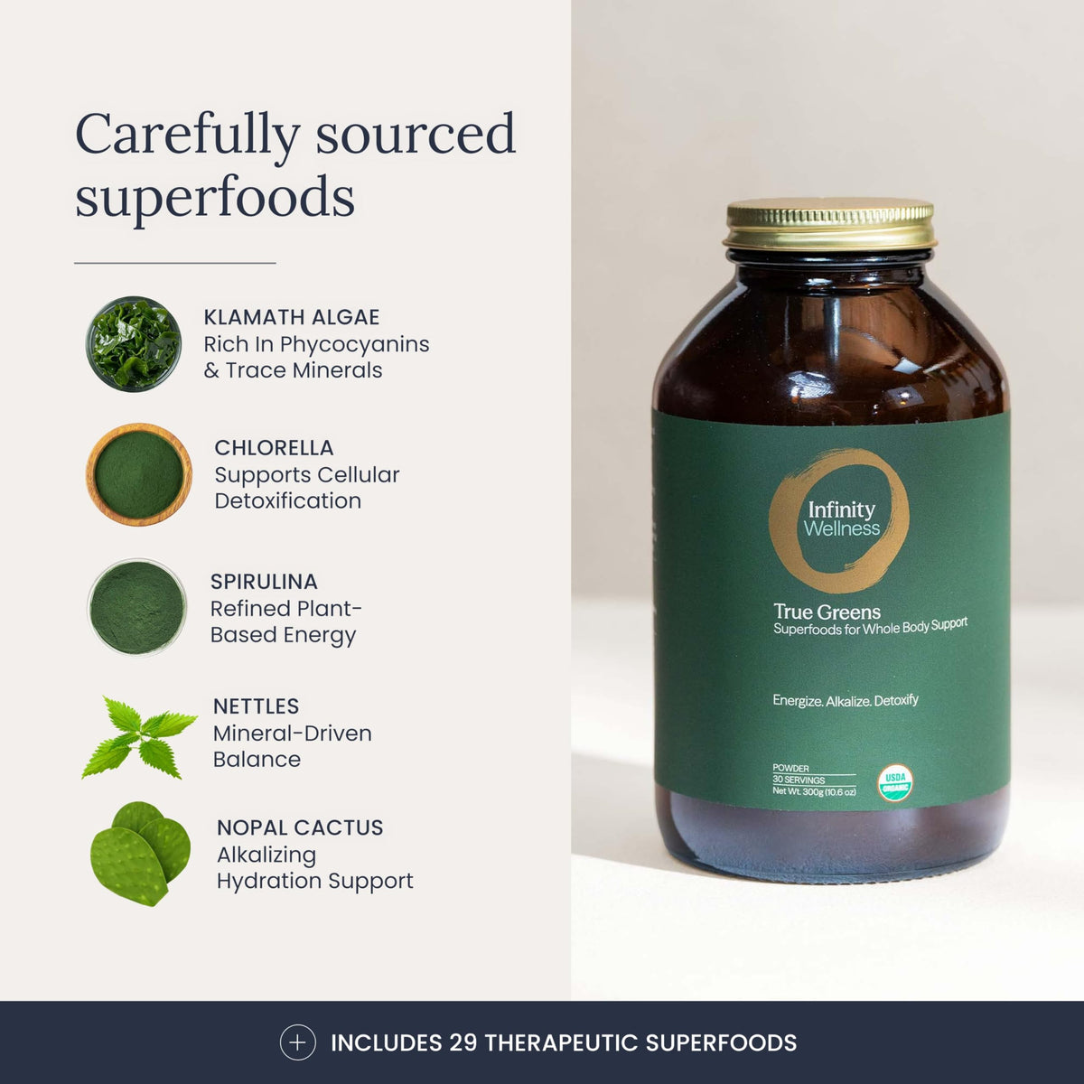 Ingrédients de la poudre Infinity Greens sur une cuillère