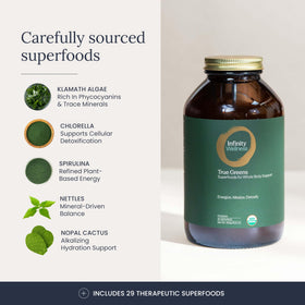 Ingrédients de la poudre Infinity Greens sur une cuillère