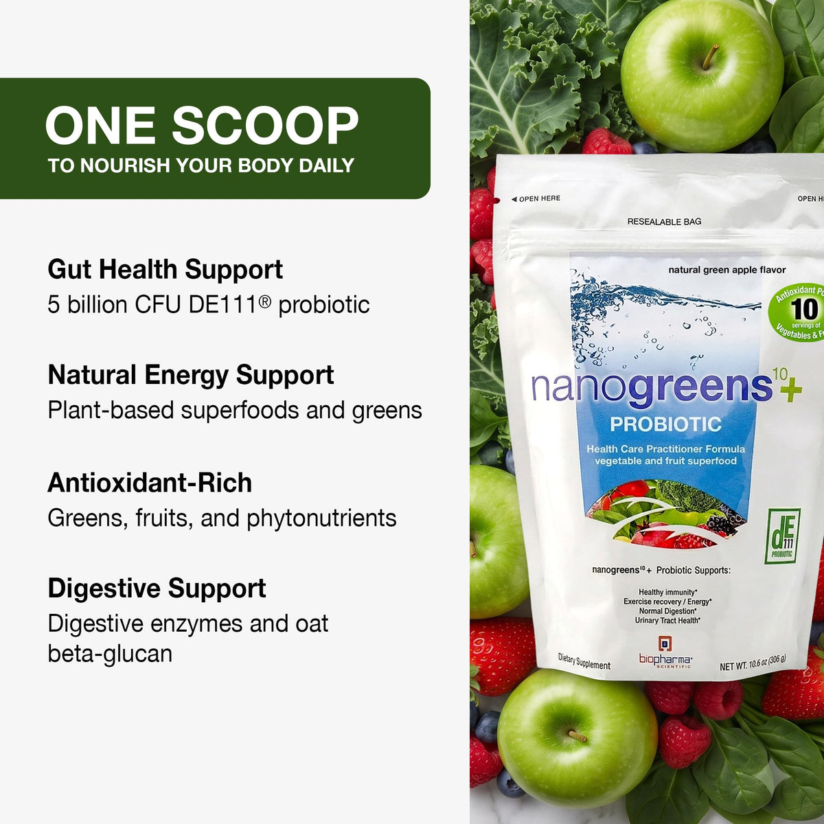 Ingrédients de la poudre NanoGreens + Probiotic Greens sur une table