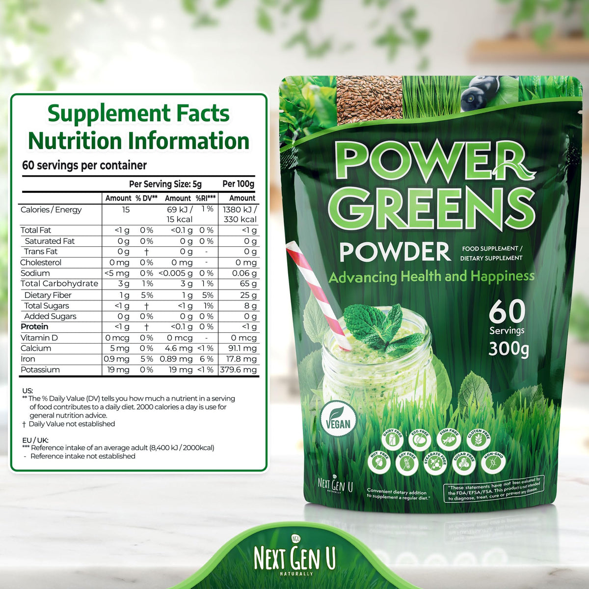 Ingrédients de la Poudre Super Greens NGU Next Gen U sur une table