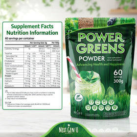 Ingrédients de la Poudre Super Greens NGU Next Gen U sur une table