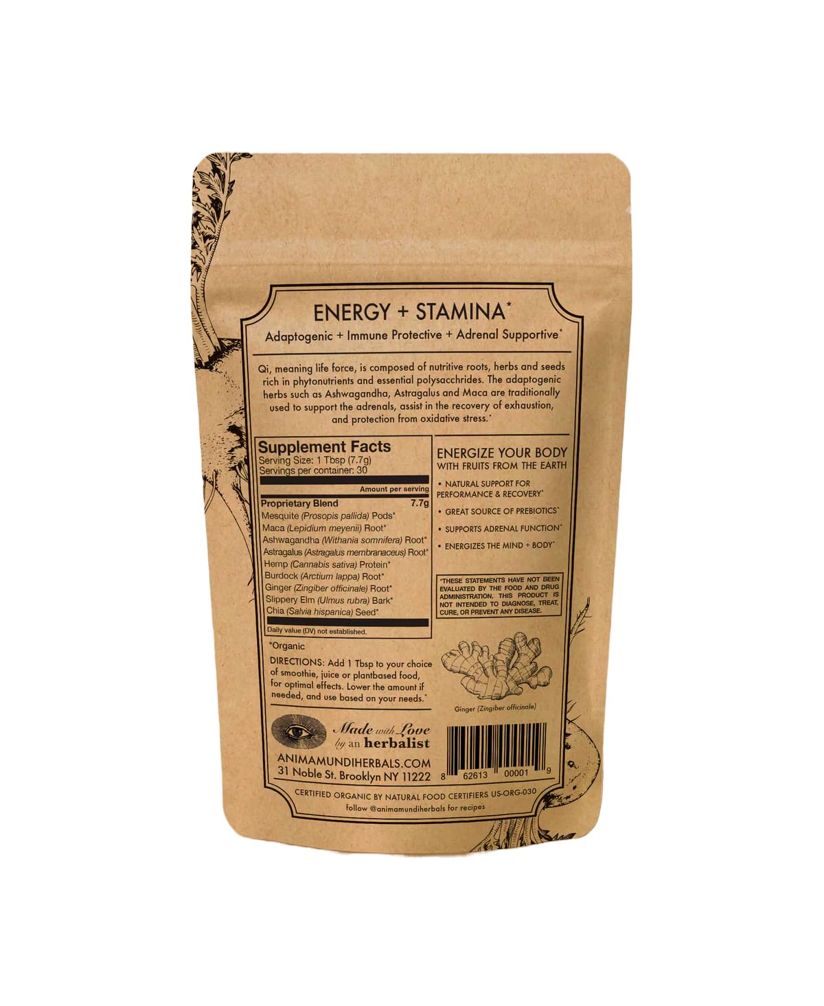 Ingrédients de la poudre superfood Qi Énergie Anima Mundi
