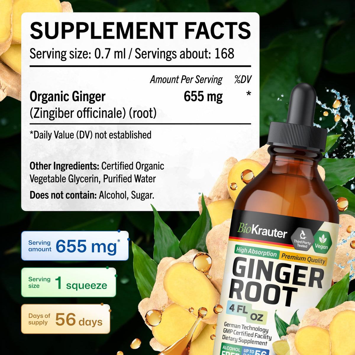 Ingrédients de la teinture de gingembre BIO KRAUTER sur l'étiquette