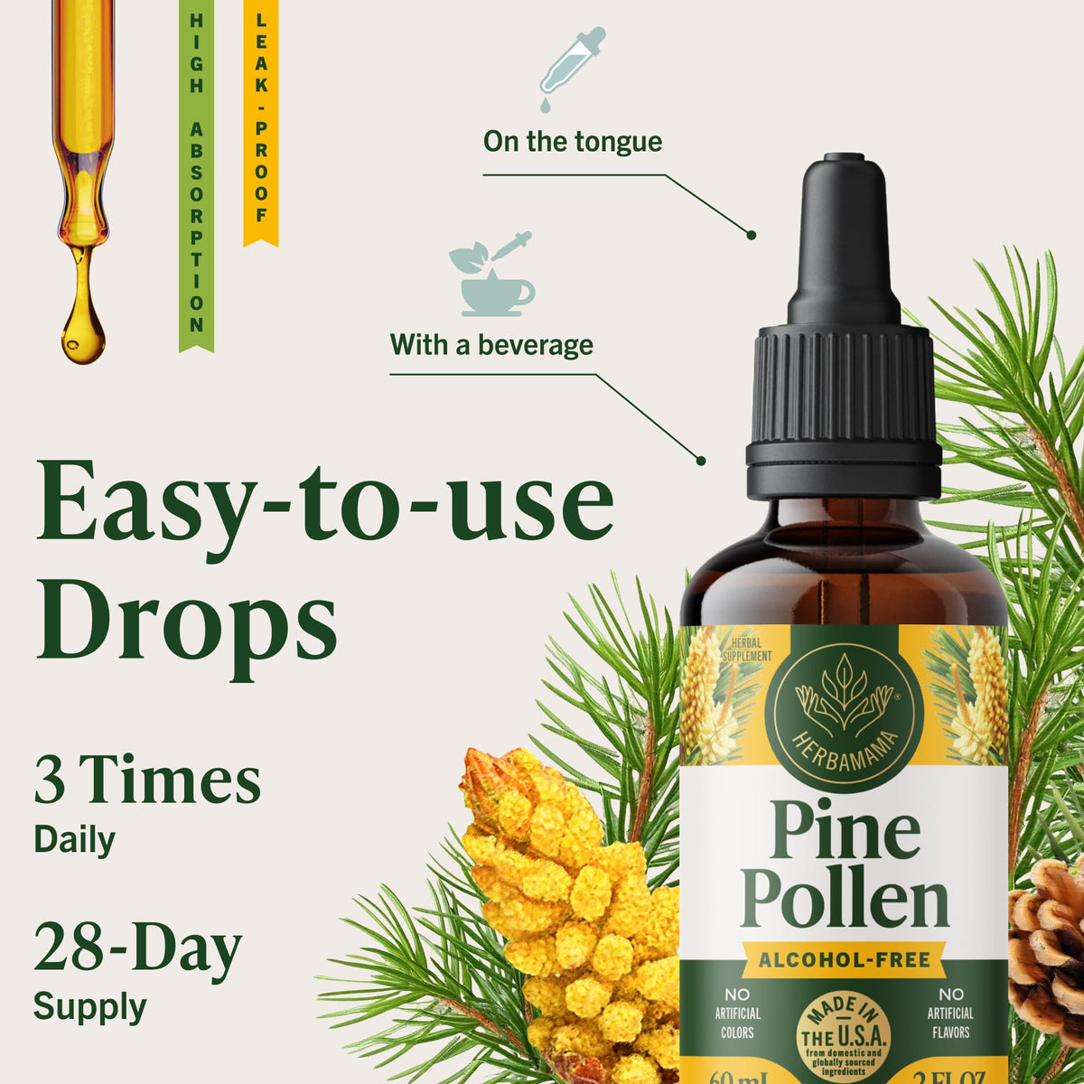 Ingrédients de la teinture de pollen de pin HERBAMAMA sur étiquette